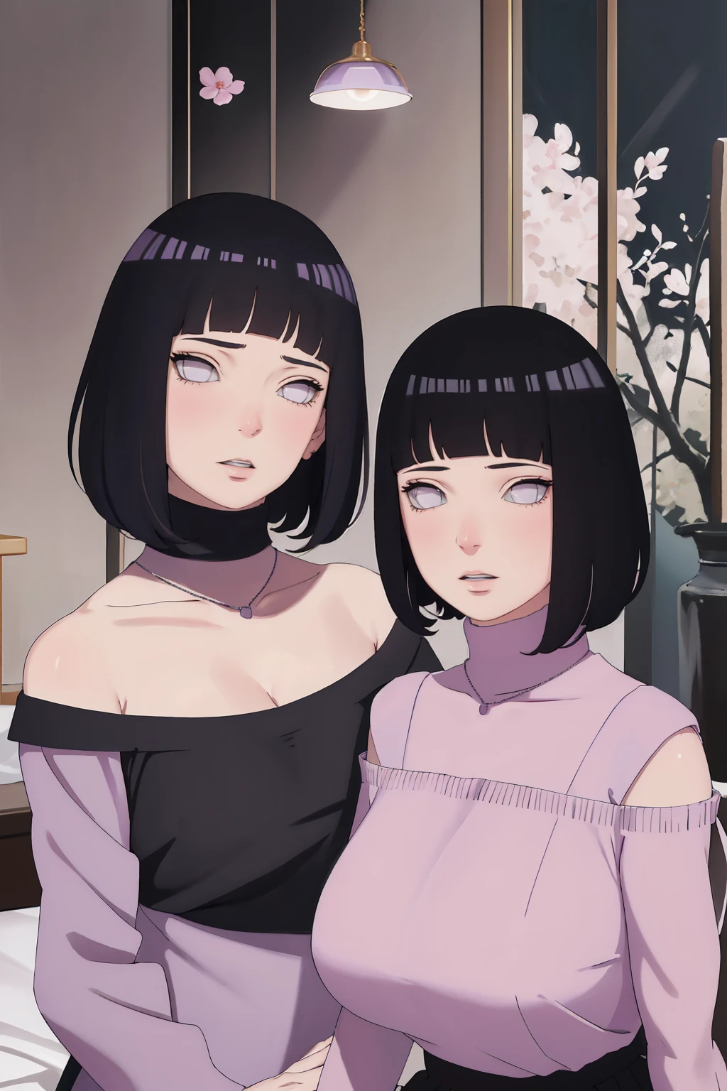 { - anatomy error} (Masterpiece - Ultra-detailed, very high resolution) (huge titusty, masterpiece, absurdres, hinata\(boruto\), 1girl, solo,mature female, off-shoulder bra, high waist black short skirt, looking at viewelling petals), perfect composition, detailed lips, big breast, beautiful face, body propotion, blush, (pink lips), short hair, (black hair), purple eyes, soft gaze, super realistic, detailed, photoshoot, realistic face and body, closed mouth, sitting on the bed , lilac eyes, upper body, lace clothes, backwards, looking back, with chin resting on shoulder, perfect fingers