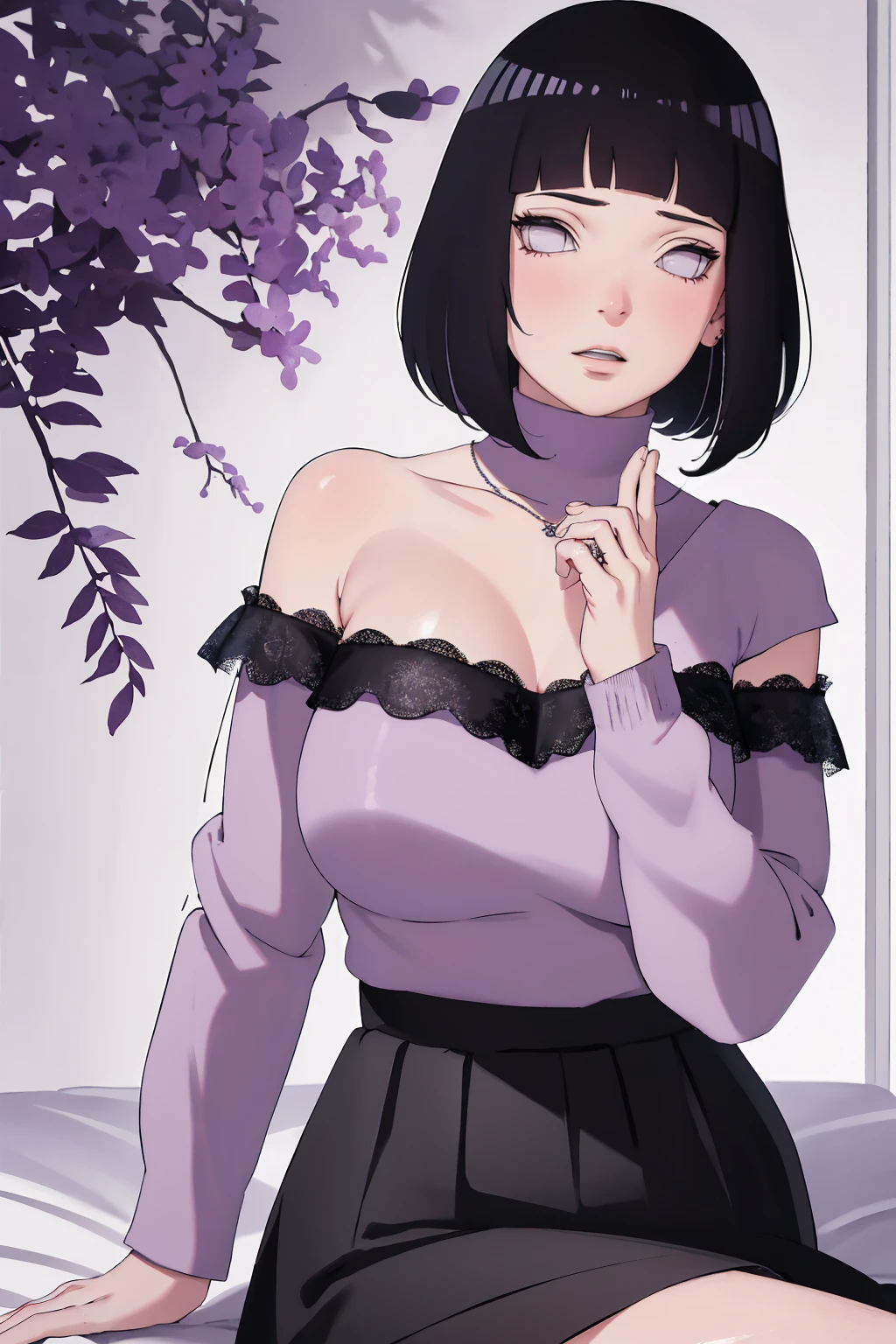 { - anatomy error} (Masterpiece - Ultra-detailed, very high resolution) (huge titusty, masterpiece, absurdres, hinata\(boruto\), 1girl, solo,mature female, off-shoulder bra, high waist black short skirt, looking at viewelling petals), perfect composition, detailed lips, big breast, beautiful face, body propotion, blush, (pink lips), short hair, (black hair), purple eyes, soft gaze, super realistic, detailed, photoshoot, realistic face and body, closed mouth, sitting on the bed , lilac eyes, upper body, lace clothes, backwards, looking back, with chin resting on shoulder, perfect fingers