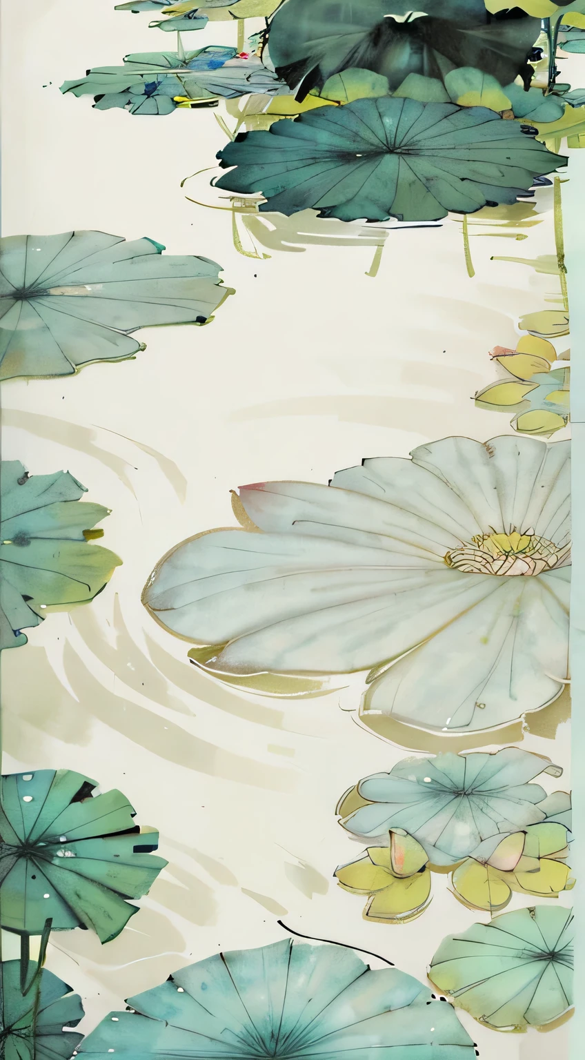 Positive top-down viewing angle,Huge lotus leaves,pond,Water ripples,Chinese style,Ink Painting,Clear texture
