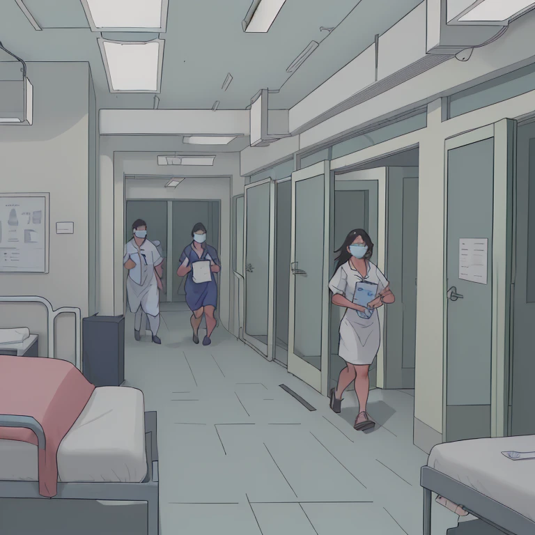 A public hospital in a populous city. The atmosphere is chaotic, con pacientes que esperan en largas filas, doctors and nurses running back and forth, and a general feeling of disorganization.