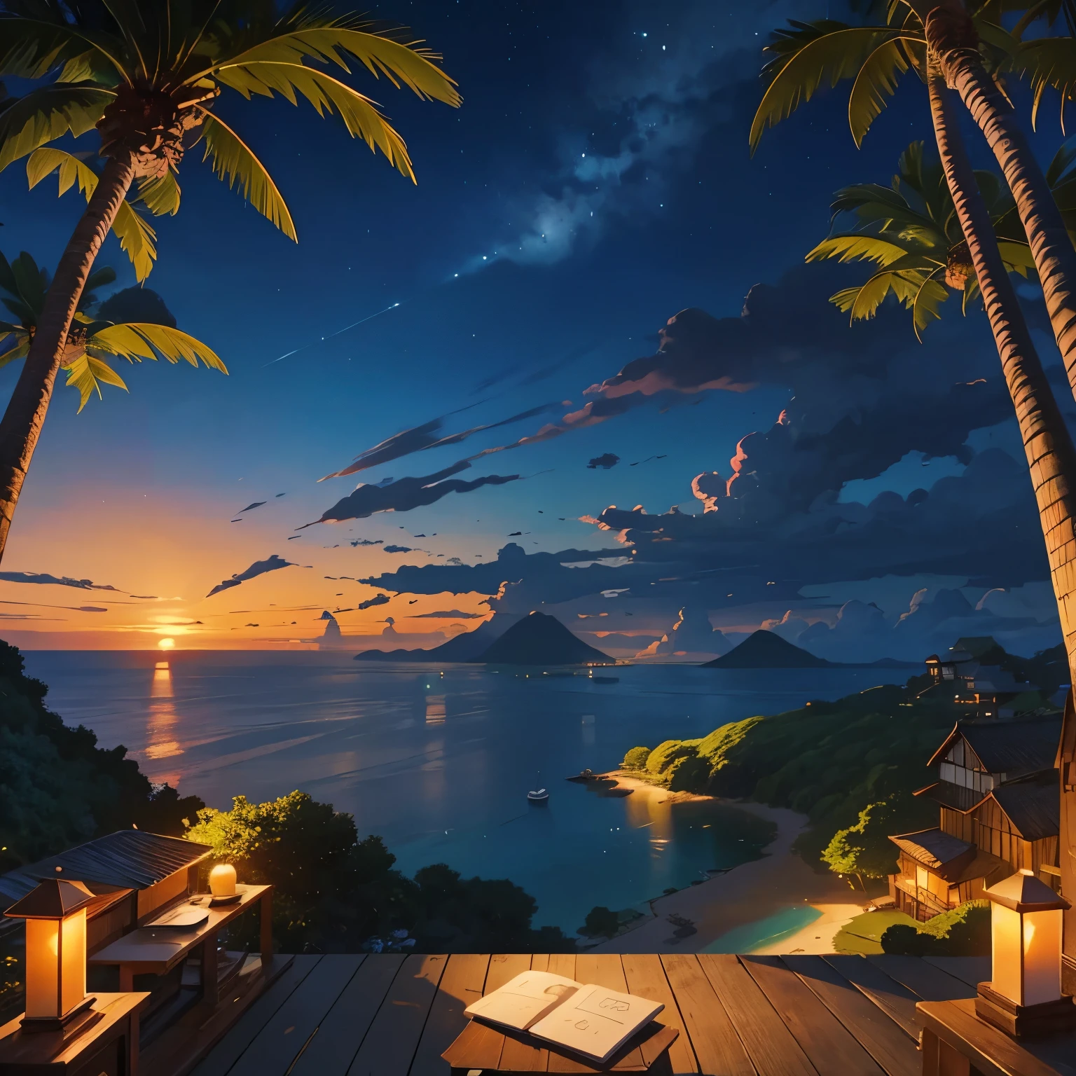 very detail painting, village harbor at late sunset with a sky background, a distance sailing boat, peaceful night, incredibly beautiful anime landscape, calm evening, distance forest hills, sea cliff, coconut trees, beautiful anime landscape, view from above, anime movie background, high quality desktop wallpaper, landscape wallpaper