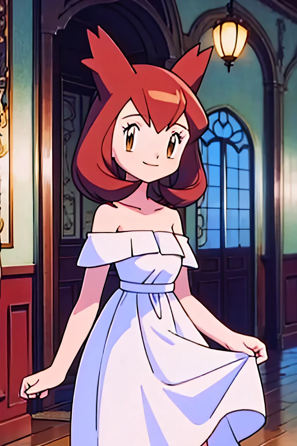 1 girl, solo, Pokemon Heroes (Bianca), Brown Hair, brown eyes, bare shoulders, strapless, off shoulders, white ruffle off the shoulder maxi dress, smile, ballroom, columns, cowboy shot, facing viewer, absurdres, ultra detailed, masterpiece, best quality, Teenager, pokemovies, window of a purple sundown