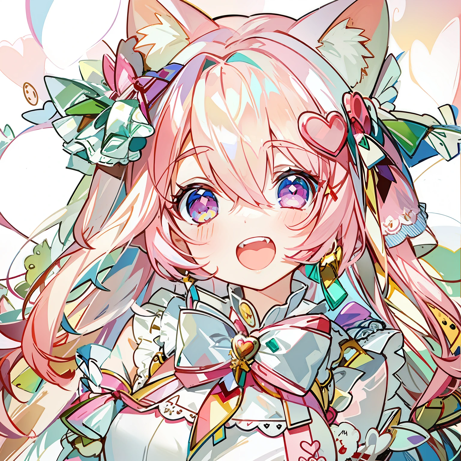 Masterpiece,Best quality, White background, (10:1girll), (10:One guy), Very long hair, White and pink hair , Love decoration , Multiple cyan and pink bows, White and pink pair of cat ears , Cyan eyes , Look straight ahead , love heart , Pink bow tie , White clothes , 5:Open mouth, 5:teeth