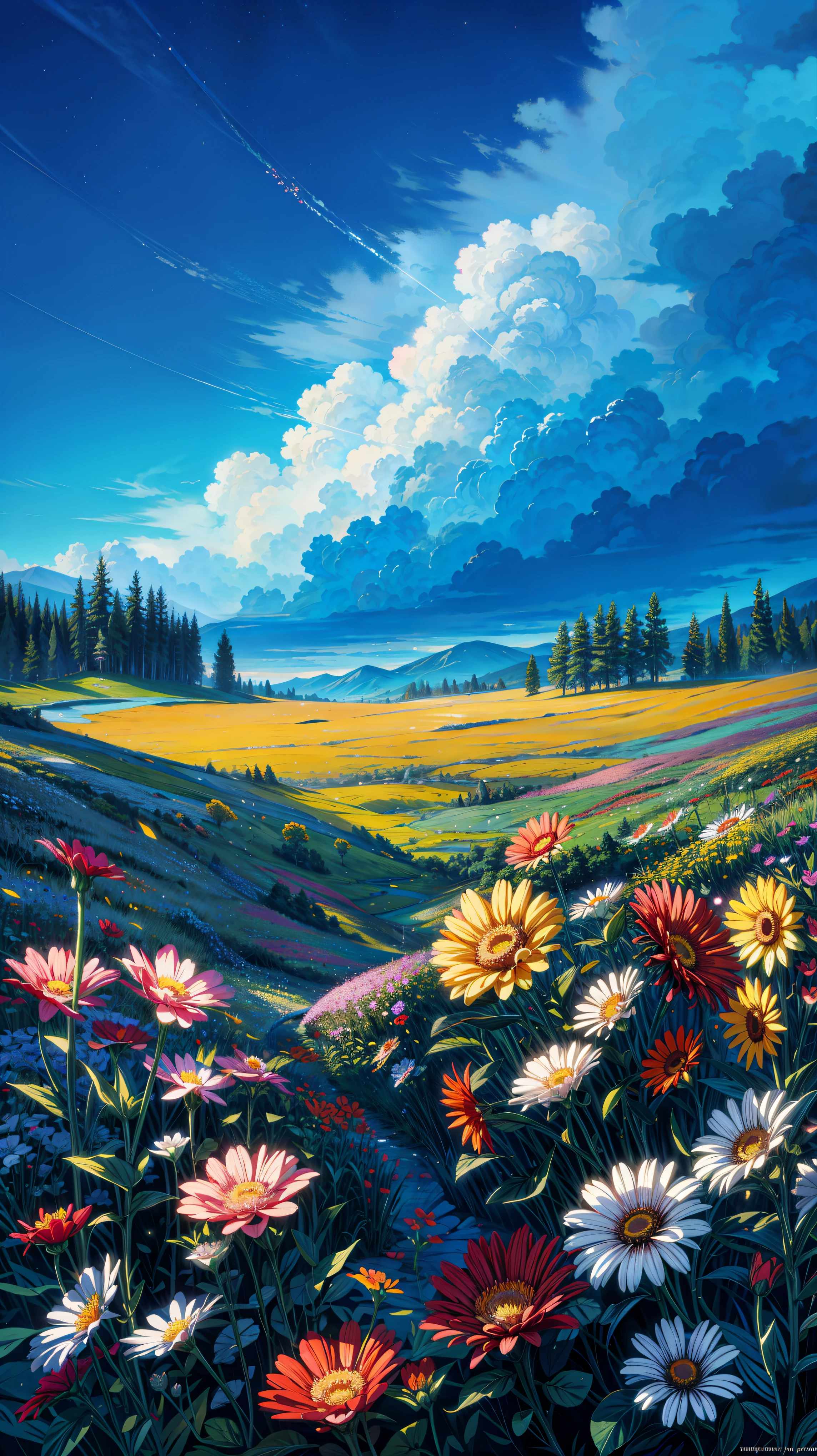 painting of a field full of colorful flowers under a blue sky, meadow background, blue flower field, field of flowers at night, field of fantasy flowers, field flowers, flowers background, field of flowers background, night sky full of flowers, field of mixed flowers, grass and flowers, an aesthetic field of flowers, field of flowers, meadow with flowers, field of wild flowers, 4k professional painting, game, detailed key anime art, illustation, a beautiful artwork illustration, beautiful digital painting, highly detailed digital painting, beautiful digital artwork, detailed painting 4 k, very detailed digital painting, rich picturesque colors, gorgeous digital painting