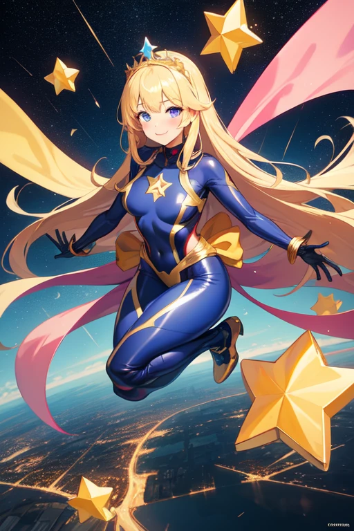 1 girl, full body, 19 years old, white skin, smiling face, masked face, blushing, blonde hair, straight hair, long hair, bangs, full body, superhero mask, purple mask, hands with stars, blue bracelets, purple gloves, superhero costume, superheroes, full body suit, yellow, with a large yellow star in the center, star emblem, something tight, star-shaped tiara, blue eyes, medium breasts, slim body, outstretched arms, arms behind the waist, flying, city background, anime