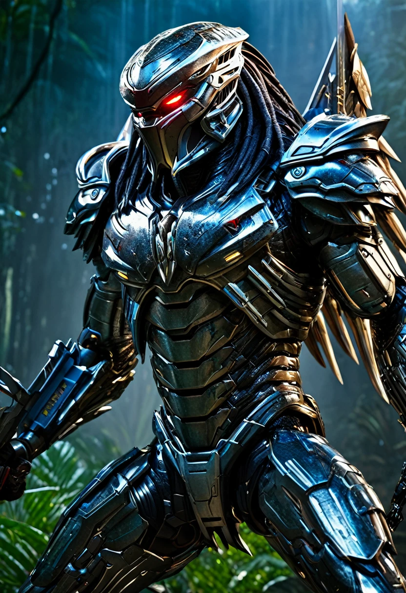 the predator, (masterpiece, best quality: 1.3), extremely detailed, intricate, 8k, HDR, wallpaper, cinematic lighting, (universe), (holding sword: 1.3), shiny, armor, glowing eyes, mecha, wings big, the predator