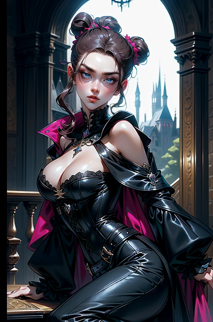 (masterpiece, top quality, best quality, official art, beautiful and aesthetic: 1.2), (1 woman: 1.3), long curly dark brown hair, ((fancy bun)), Victorian style, Victorian classic, extremely detailed, portrait, looking at the viewer, solo, (full body: 0.6), detailed background, close-up, mischievous eyes, (cold midnight castle theme: 1.1), vampire, long fangs, blood on chin, huge lips, charlatan, mischievous smile, mysterious, being seductive on the balcony, revealing gothic dress, extremely tight bodice, black costume, magenta skirts, off-the-shoulder, long sleeves, loose sleeves, black leather , cape, corset, black dress, fishnets, black high boots, buckles, straps, bags, glowing blood magic energy, dark magenta fabric, silver trim, black leather, extremely slim, slim waist, slim hips, medieval background (gothic castle exterior: 1.1), nocturnal, dark and mysterious lighting, shadows, magical atmosphere, Dancing lightly. backwadrs, Looking back. Very sexy, with chin resting on shoulder, abigail larson art style, perfect fingers