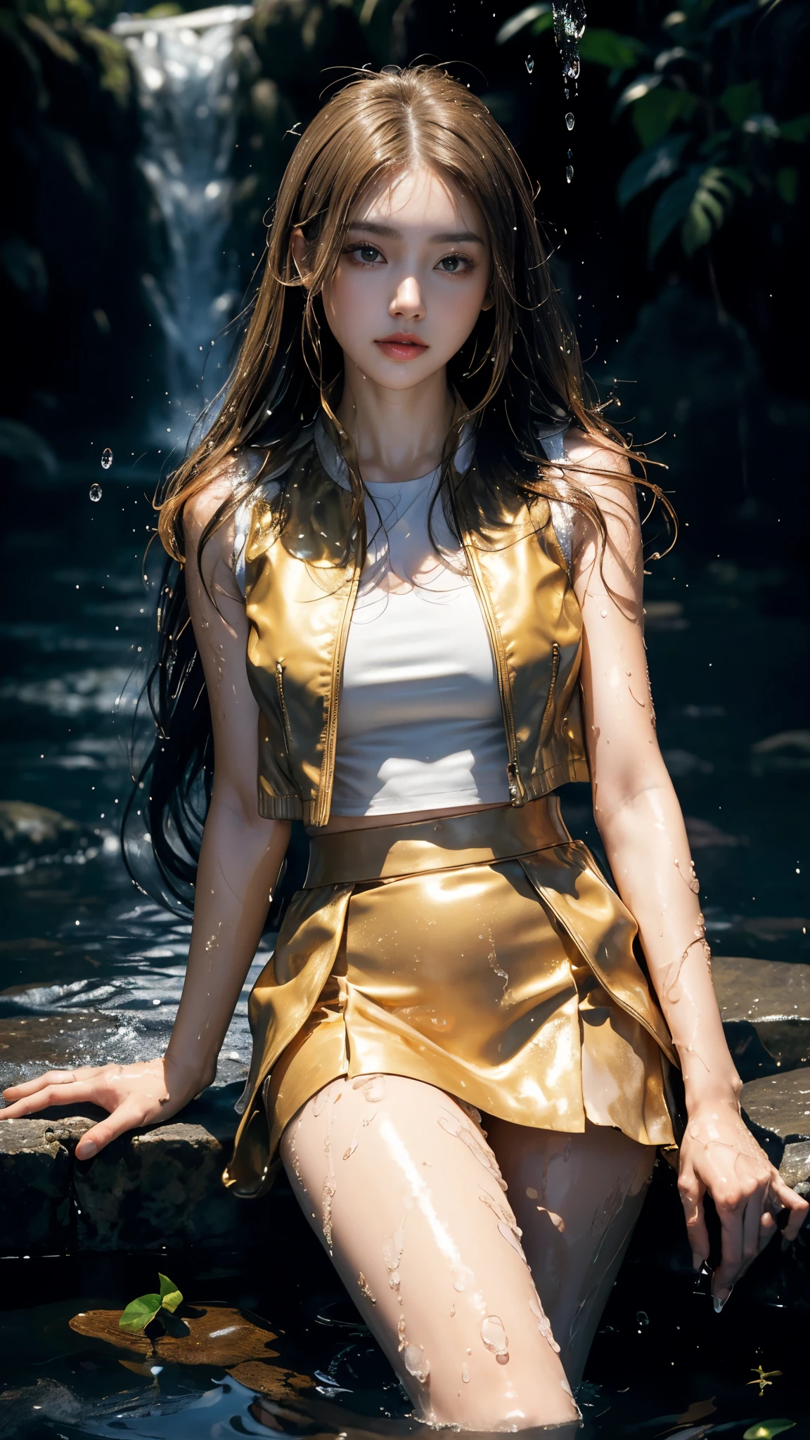 8k, masterpiece, 1 girl, beautiful face, ((very long hair)), glossy makeup, closed mouth, (glossy skin:1.5), detailed eyes, detailed lips, small bust, golden short jacket, wet white vest, ((golden mini skirt)), ((under pants)), ((bare thigh)), straps clothing, (water falling:1.5), steam effect, water vapor, adult pose,