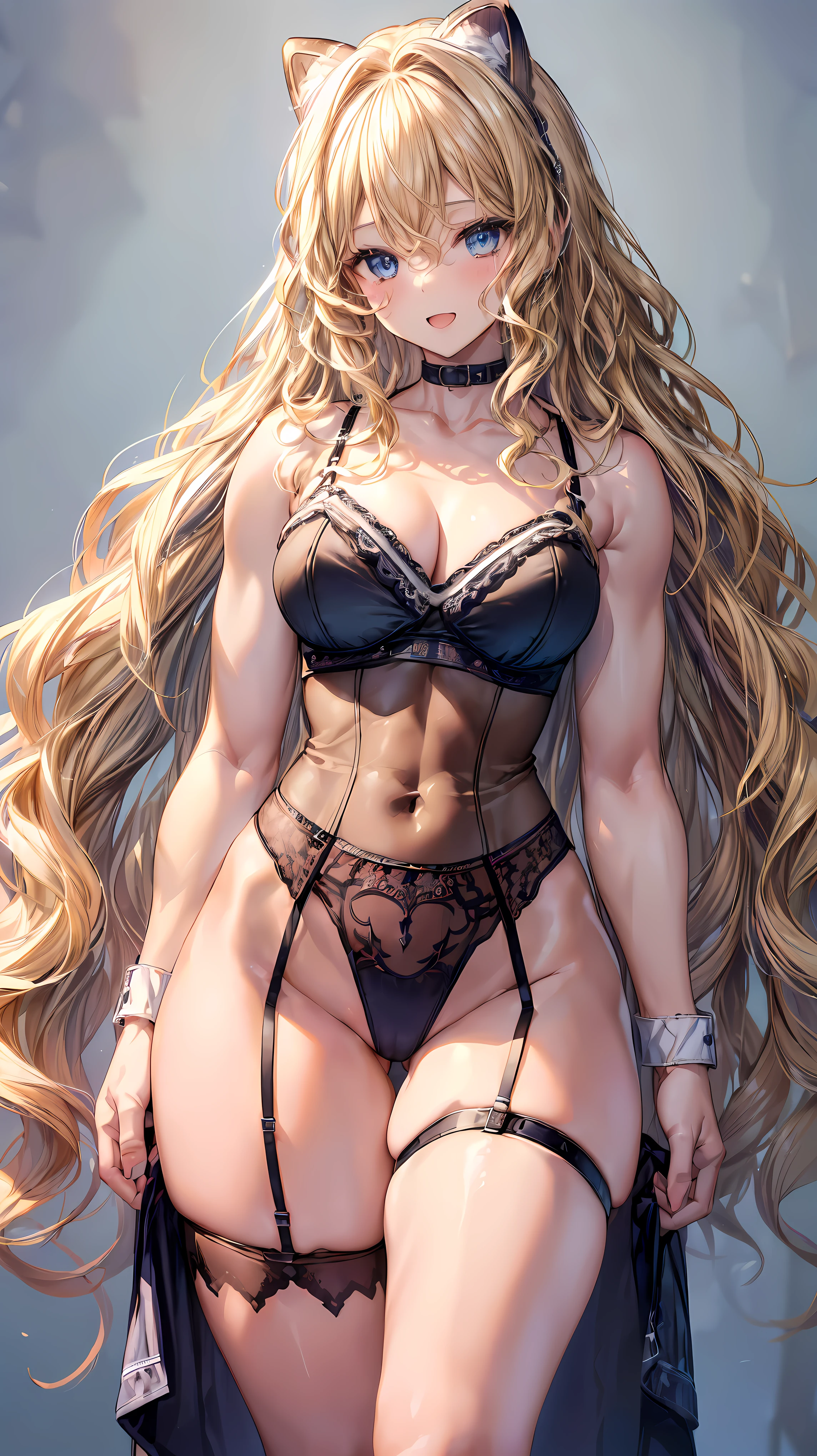 (Adult women:1.5)、Very detailed、highest quality、Best image quality、masterpiece、8k、Anime Face、A kind smile、(Open your mouth:1.parkling blue eyes、(Blonde Wavy Hair:1.5)、、Muscles of the whole body、(High leg:1.5)、Thigh belt、(Wearing lingerie:1.5)、(Cowboy Shot:1.5)、Siant