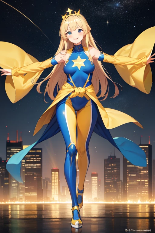 1 girl, full body, 19 years old, white skin, smiling face, masked face, blushing, blonde hair, straight hair, long hair, bangs, full body, superhero mask, yellow mask, hands with stars, blue bracelets, purple gloves, superhero costume, superheroes, full body suit, yellow, with a large yellow star in the center, star emblem, something tight, star-shaped tiara, blue eyes, medium breasts, slim body, outstretched arms, arms behind the waist, flying, city background, anime