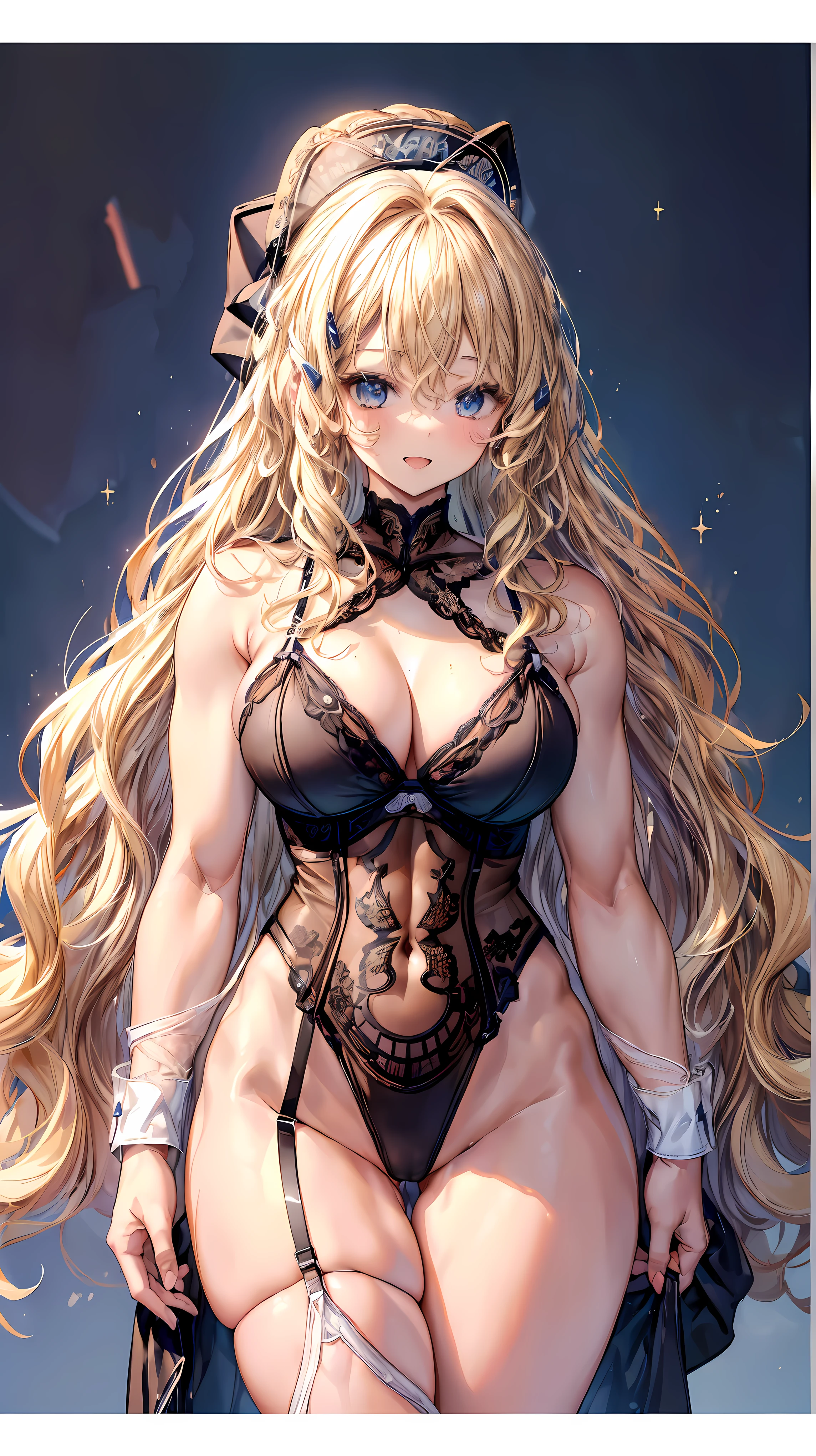 (Adult women:1.5)、Very detailed、highest quality、Best image quality、masterpiece、8k、Anime Face、A kind smile、(Open your mouth:1.3)、Sparkling blue eyes、(Blonde Wavy Hair:1.5)、、Muscles of the whole body、(High leg:1.5)、Thigh belt、(Wearing lingerie:1.5)、(Cowboy Shot:1.5)、SFW Giant