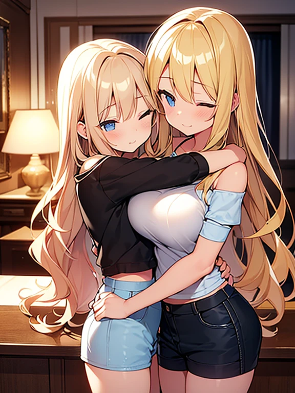 Tabletop, highest quality,figure, wallpaper, Super detailed, Absurd beauty、Dimly lit room、indirect lighting、((Two beautiful girls、、Hug))、(Blonde、long、Wavy Hair、Very large breasts)、Close your eyes、Off the shoulder、Shorts、Shyness