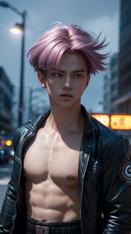 masterpiece, Ultra realistic, 16k, high quality, incredibly detailed, dream aesthetic, dream atmosphere, cinematic, work of art, (sharp focus: 1.5), (photorealistic: 1.3), featured (Beautiful boy), Mirai Trunks (furure trunks from dragon ball z), cinematic, detailed, 4k sharp focus, realistic. Tall man. Gorgeous. tanned skin, Turquoise blue eyes, short lilac hair (hair divided in half), black shirt. dark blue jacket. ultra realistic textures. black t-shirt (under the jacket), dark gray pants. looking at viewer. Tall boy. cool outfit, badass, threatening. illuminated, realistic shading (realistic texture). In Different positions at different angles. Night background. unbelievably real, best quality, Photorealistic.