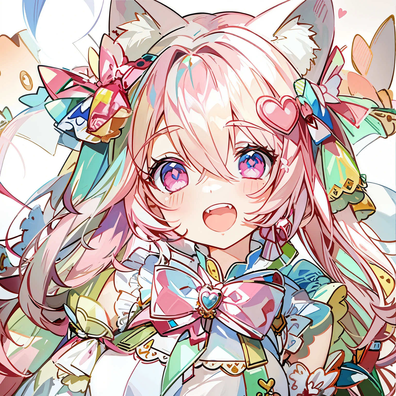 Masterpiece,Best quality, White background, (10:1girll), (10:One guy), Very long hair, White and pink hair , Love decoration , Multiple cyan and pink bows, White and pink pair of cat ears , Cyan eyes , Look straight ahead , love heart , Pink bow tie , White clothes , 5:Open mouth, 5:teeth