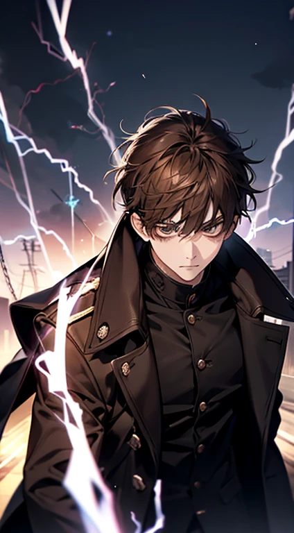 20歳のmens子1人, aura, Biribiri, black_background, Bi色_eye,Biく光るeye,Bi_fire, Blurred, zone, Brown Hair, anger, coat, crystal, electricity, energy, burn, _BlAnd_eye, Holding, lightning, length_sleeve, look up_in_Audience, magic, mens_concentrated, black_coat, simple_background, 一人in, bodyの上部_body, white_