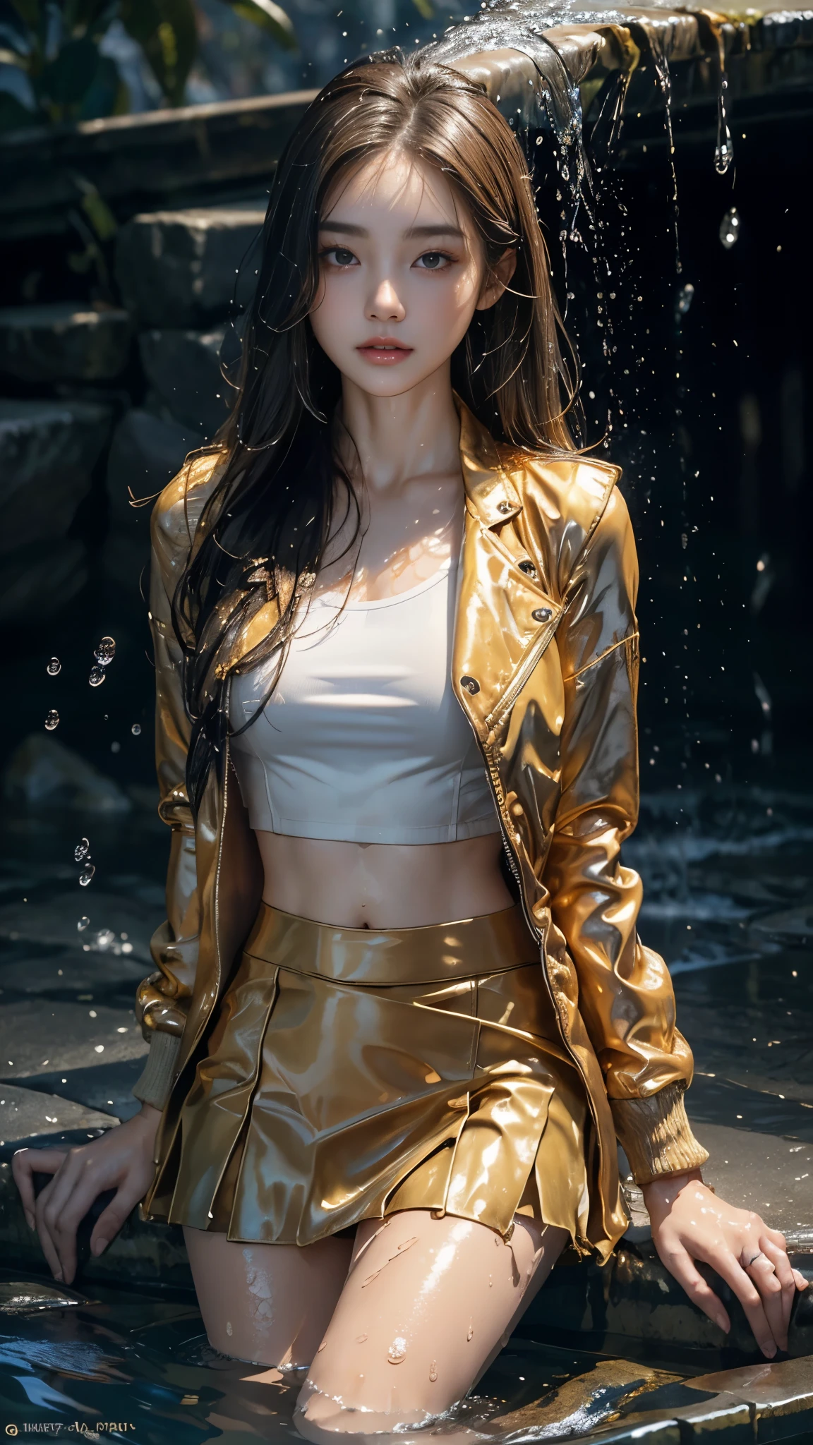 8k, masterpiece, 1 girl, beautiful face, ((very long hair)), glossy makeup, closed mouth, (glossy skin:1.5), detailed eyes, detailed lips, small bust, golden short jacket, wet white vest, ((golden mini skirt)), ((under pants)), ((bare thigh)), straps clothing, (water falling:1.5), steam effect, water vapor, adult pose,