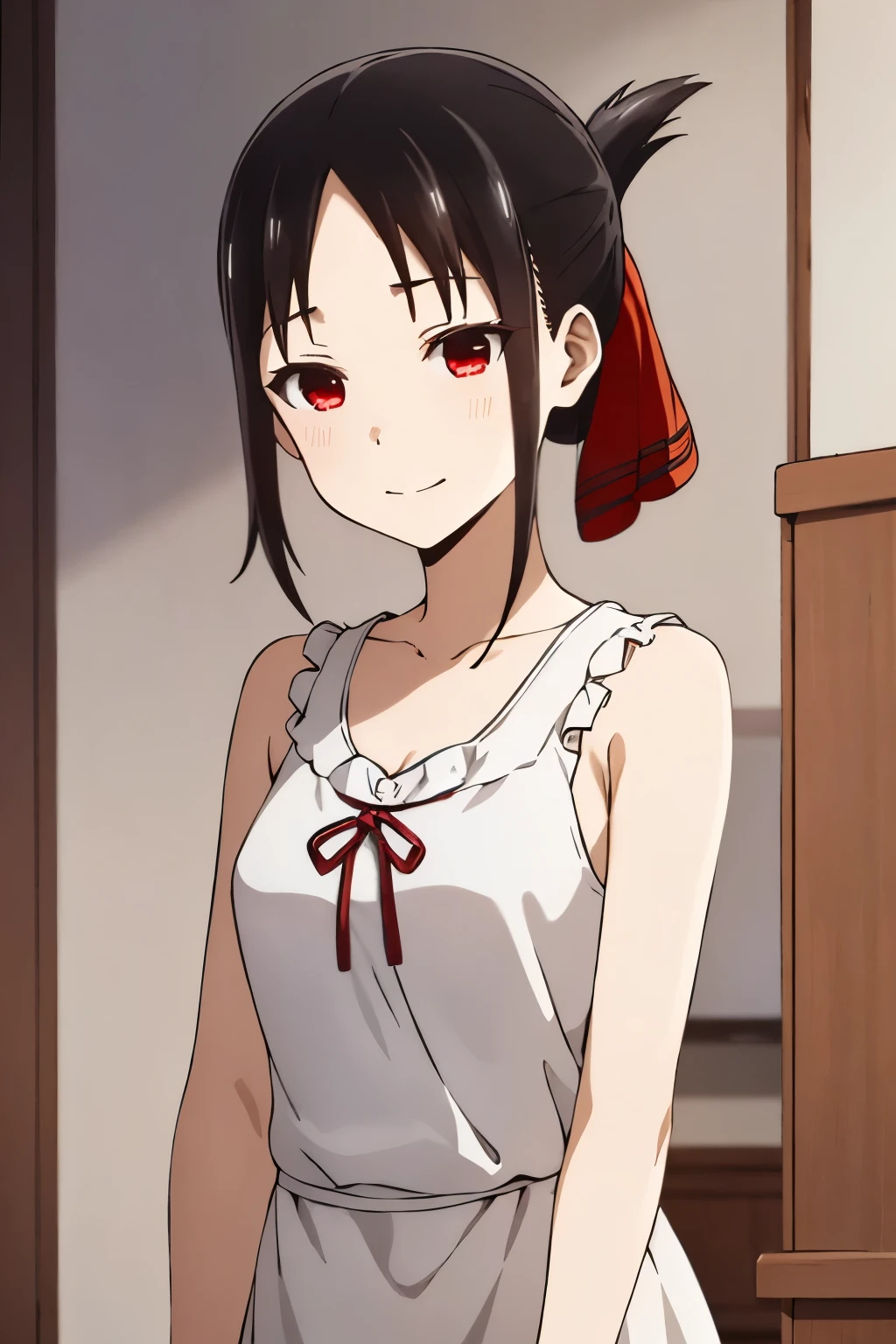 1girl,alone,kaguya shinomiya,best quality (masterpiece: 1.2),detailed,closed mouth,light smile, black hair, red eyes, short hair, folded ponytail, hair ribbon, elegant dress, sleeveless, red ribbon, medium breasts, medium waist, wide hips, medium thighs, round butt, from behind, looking at viewer, pov (from below, ((upper body)), perfect ???????