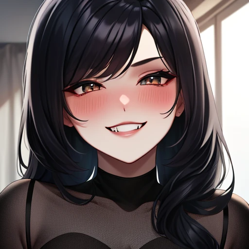 beautiful, masterpiece, best quality, extremely detailed face, perfect lighting, 1girl, solo, shegolady, evil grin, blush, black long hair, 