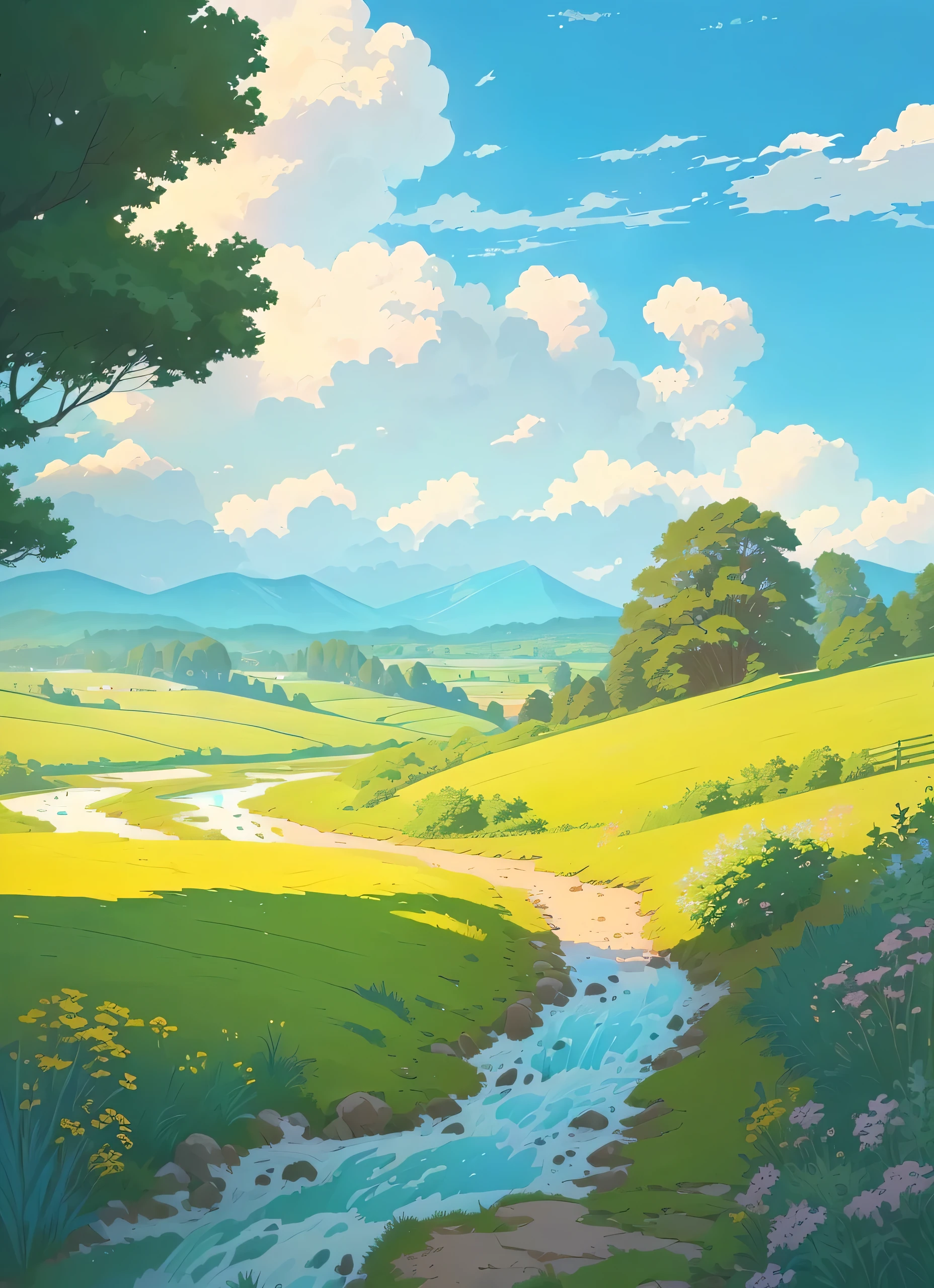 A cartoon illustration of a country road with a stream running through it, anime rural area landscape, background technology, lush rural area, Bright Landscape, Landscape illustration, sunny landscape, Rural landscape, Anime Landscape, low detail. Digital Painting, detailed numbers, cartoon numbers, rural area, anime background technology, beautiful summer landscape, background technologywork, Landscape background, Digital concept art, Landscape Artwork