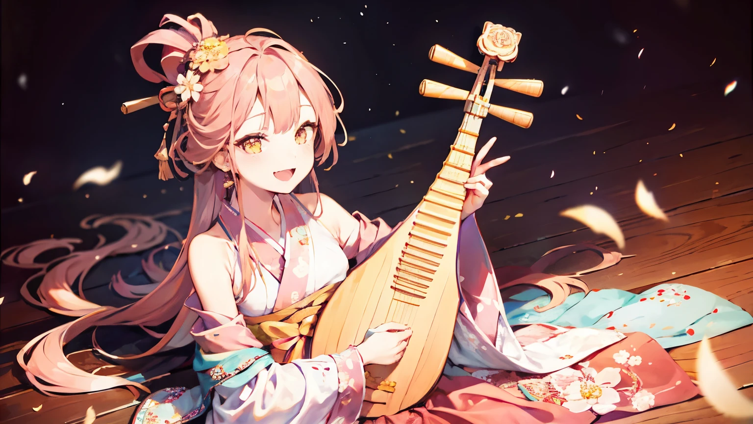 A beautiful woman plays the biwa, smile,Flat Chest,Japanese kimono Straight pink long hair,Pink Hair, Off-the-shoulder tops, Petals in full bloom, highest quality, 8k,Official Art