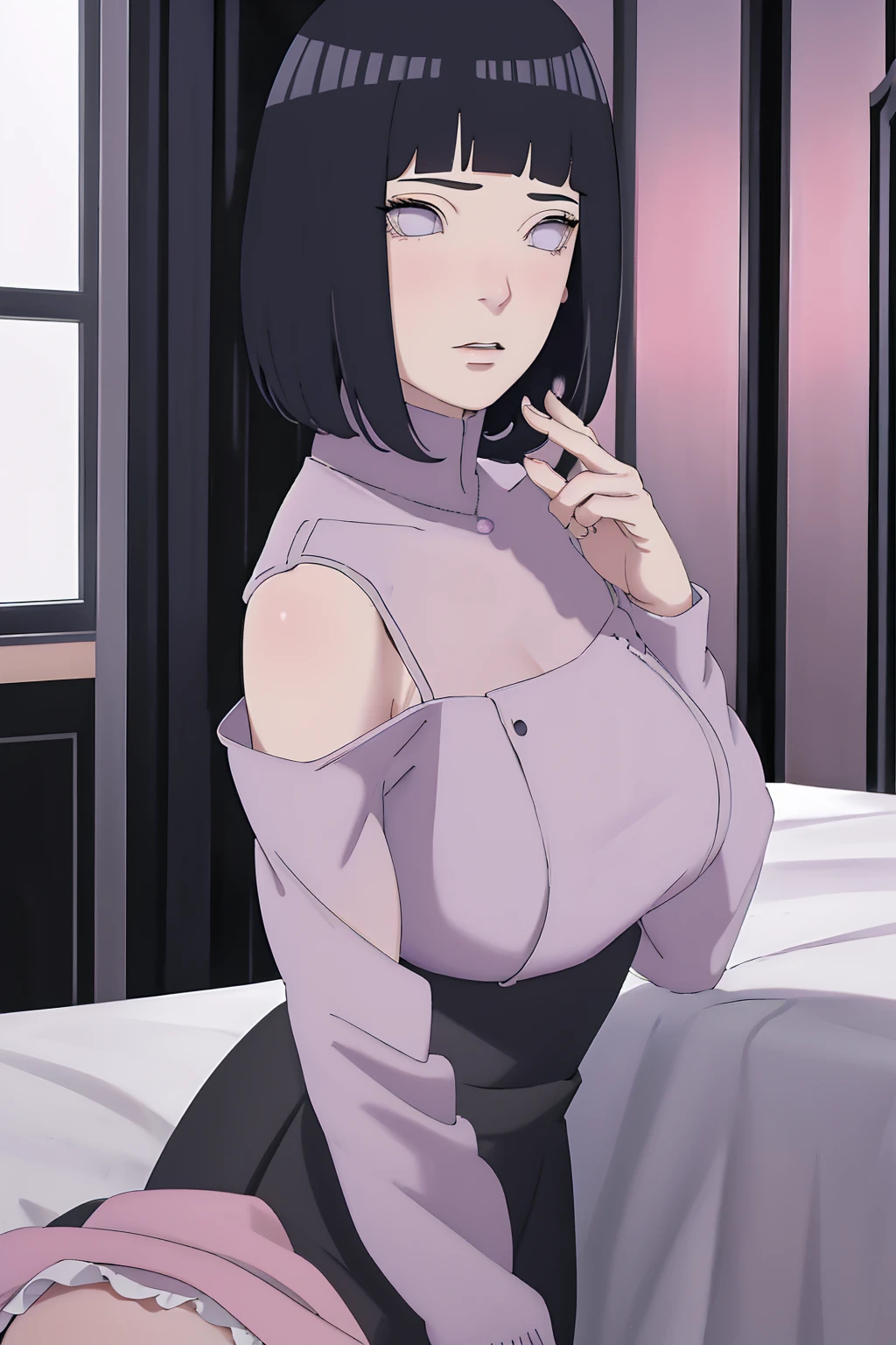{ - anatomy error} (Masterpiece - Ultra-detailed, very high resolution) (huge titusty, masterpiece, absurdres, hinata\(boruto\), 1girl, solo,mature female, off-shoulder bra, high waist black short skirt, looking at viewelling petals), perfect composition, detailed lips, big breast, beautiful face, body propotion, blush, (pink lips), short hair, (black hair), purple eyes, soft gaze, super realistic, detailed, photoshoot, realistic face and body, closed mouth, sitting on the bed , lilac eyes, upper body, lace clothes, backwards, looking back, with chin resting on shoulder, perfect fingers