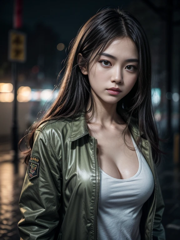 Beautiful girl's small breasts, Wearing a sturdy jacket, Long hair, Machine arm of cyberpunk night view, Cyberpunk red-green background