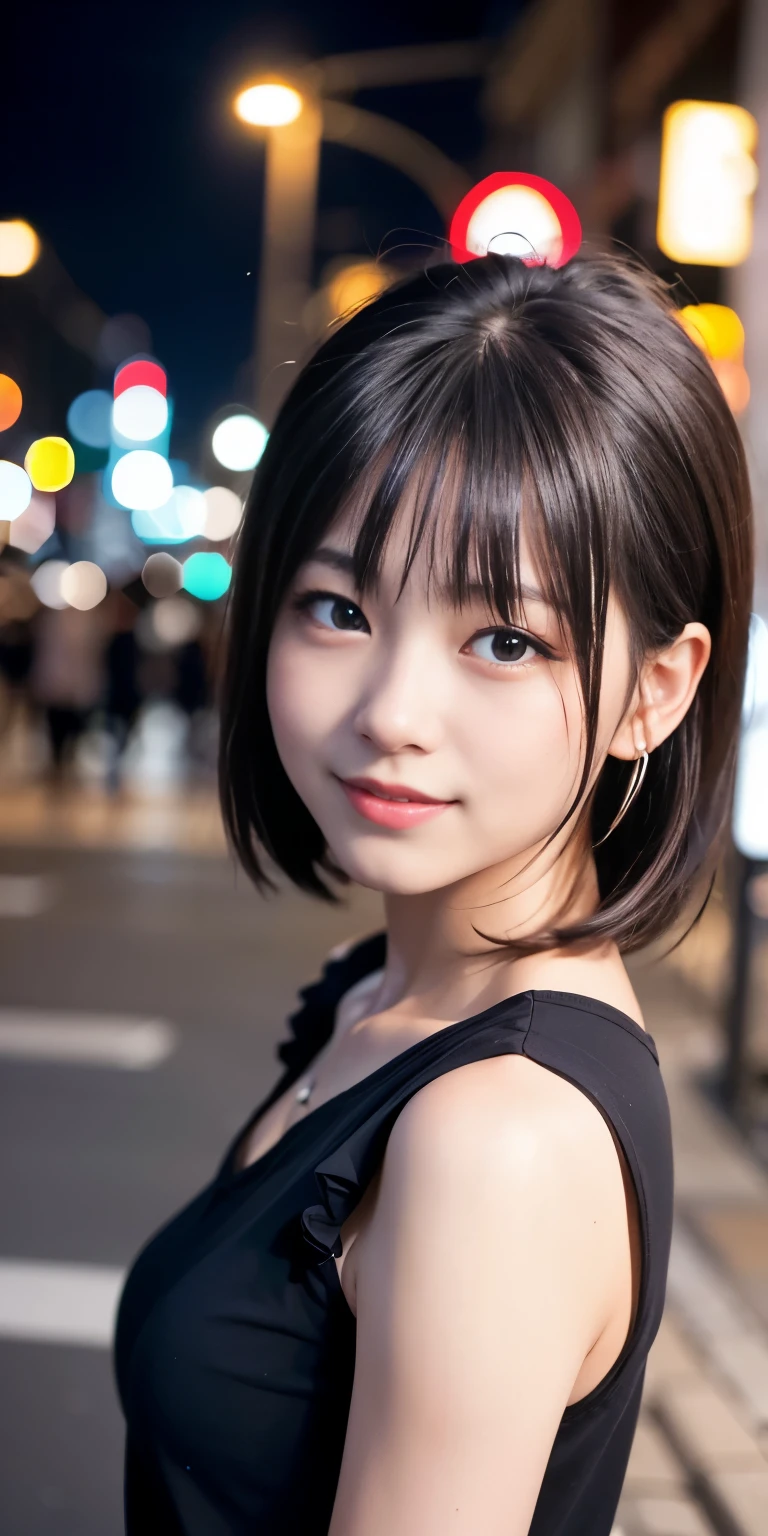 1 Girl, Tokyo Street,night, Streetscape,City lights,Upper Body,close,smile,, (8K, Raw photo, highest quality, masterpiece:1.2),(Realistic, photo-Realistic:1.37),