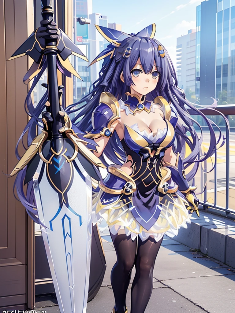 Great quality ++ High resolution extremely detailed, very aesthetic, expressive eyes, perfect face, face symmetrical, good anatomy, perfect hands, 8k, UHD, HD wallpaper, high quality, Ultra detailed, ((((1girl)))), (((standings))), ((((full body)))), (((upper body))), ((((Date A Live)))), ((((Miku Izayoi)))), (((astral dress))), (((Long hair))), (((Light Indigo hair))), (((Silver eyes))), (((weapon))), (((armor))), (((sword))), ((((yellow dress)))), white polkadots on dress, long gloves, elbow gloves, (((asymmetrical body))), (((asymmetrical hair))), (((asymmetrical clothes))), (((city background))),
