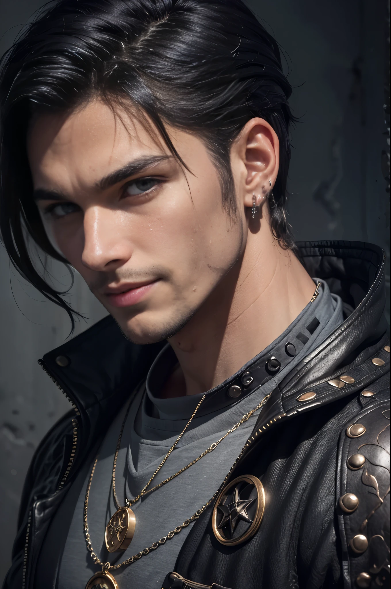 Portrait of a man, 1 male, 25yo, ((black hair)), dark eyes, muscular, stubble, (((wearing medieval armor))), ((wearing black jacket)), (wearing grey shirt), piercings, onyx amulet, smirk, ultra high resolution, detailed face, dynamic lighting, lights, volumetric light, realistic, intricate details, everything in razor sharp focus, solo, Photograph, masterwork, 12K, ultra-defined, intricate details, absurdres, hyper-detailed, dark fantasy, particle effects, head and shoulders
