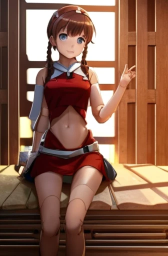 A Female robot is sleeping in the book, spread legs, nude, banzai pose. she wears no dress. She Brown short hair is tied with two big red clothespins, She lifts up the under hem of her white plain dress, leaning over, masterpiece, very short pigtails,brown hair, mature, android, blue eyes, full body figure, Height: 160cm, flushed cheeks, 2020s anime picture, A beautiful robot with short brown hair in two short pigtails held up by two very large huge red clothespins, Uplifting, No NSFW, whole body, barefoot, archaic smile, getting orgasm, 25 years old, sweat bucket.