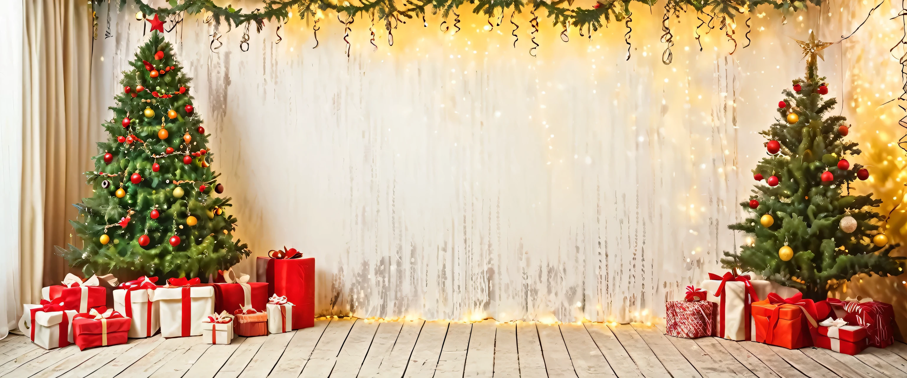 Cristmas backdrop with xmas tree, gifts and lights
