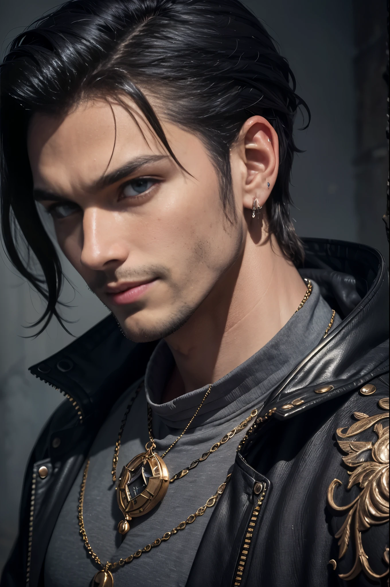 Portrait of a man, 1 male, 25yo, ((black hair)), dark eyes, muscular, stubble, (((wearing medieval armor))), ((wearing black jacket)), (wearing grey shirt), piercings, onyx amulet, smirk, ultra high resolution, detailed face, dynamic lighting, lights, volumetric light, realistic, intricate details, everything in razor sharp focus, solo, Photograph, masterwork, 12K, ultra-defined, intricate details, absurdres, hyper-detailed, dark fantasy, particle effects, head and shoulders