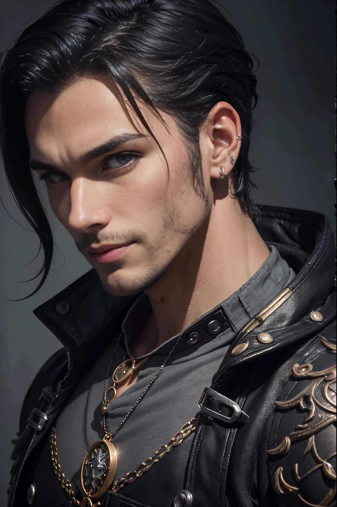 Portrait of a man, 1 male, 25yo, ((black hair)), dark eyes, muscular, stubble, (((wearing medieval armor))), ((wearing black jacket)), (wearing grey shirt), piercings, onyx amulet, smirk, ultra high resolution, detailed face, dynamic lighting, lights, volumetric light, realistic, intricate details, everything in razor sharp focus, solo, Photograph, masterwork, 12K, ultra-defined, intricate details, absurdres, hyper-detailed, dark fantasy, particle effects, head and shoulders