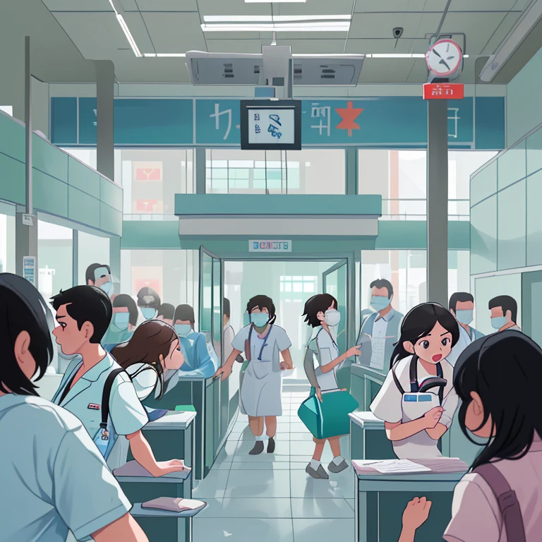 A public hospital in a populous city. The atmosphere is chaotic, con pacientes que esperan en largas filas, doctors and nurses running back and forth, and a general feeling of disorganization.