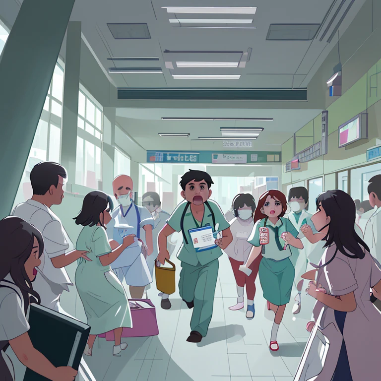 A public hospital in a populous city. The atmosphere is chaotic, con pacientes que esperan en largas filas, doctors and nurses running back and forth, and a general feeling of disorganization.