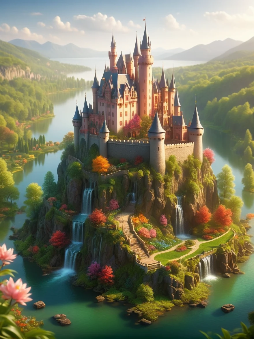 This is a miniature scene.，Imagine a serene and magical fantasy world. In the heart of this vibrant, enchanted setting stands a majestic castle, It sits in the middle of an expansive lake, surrounded by an array of diverse aquatic plants. Many flowers of different types and radiant colors punctuate the lovely landscape, adding to its charm, Multiple waterfalls spring from nearby cliffs, their water glistening under the dawn light as they feed the lake, The sun is just beginning to peek over the horizon, casting beautiful, warm hues onto the castle and the surrounding nature with its first light of the day，Lush Landscape, spring, rain, Soft Mist,HD natural light, Tilt-Shift Photography, Photography, Octane Rendering