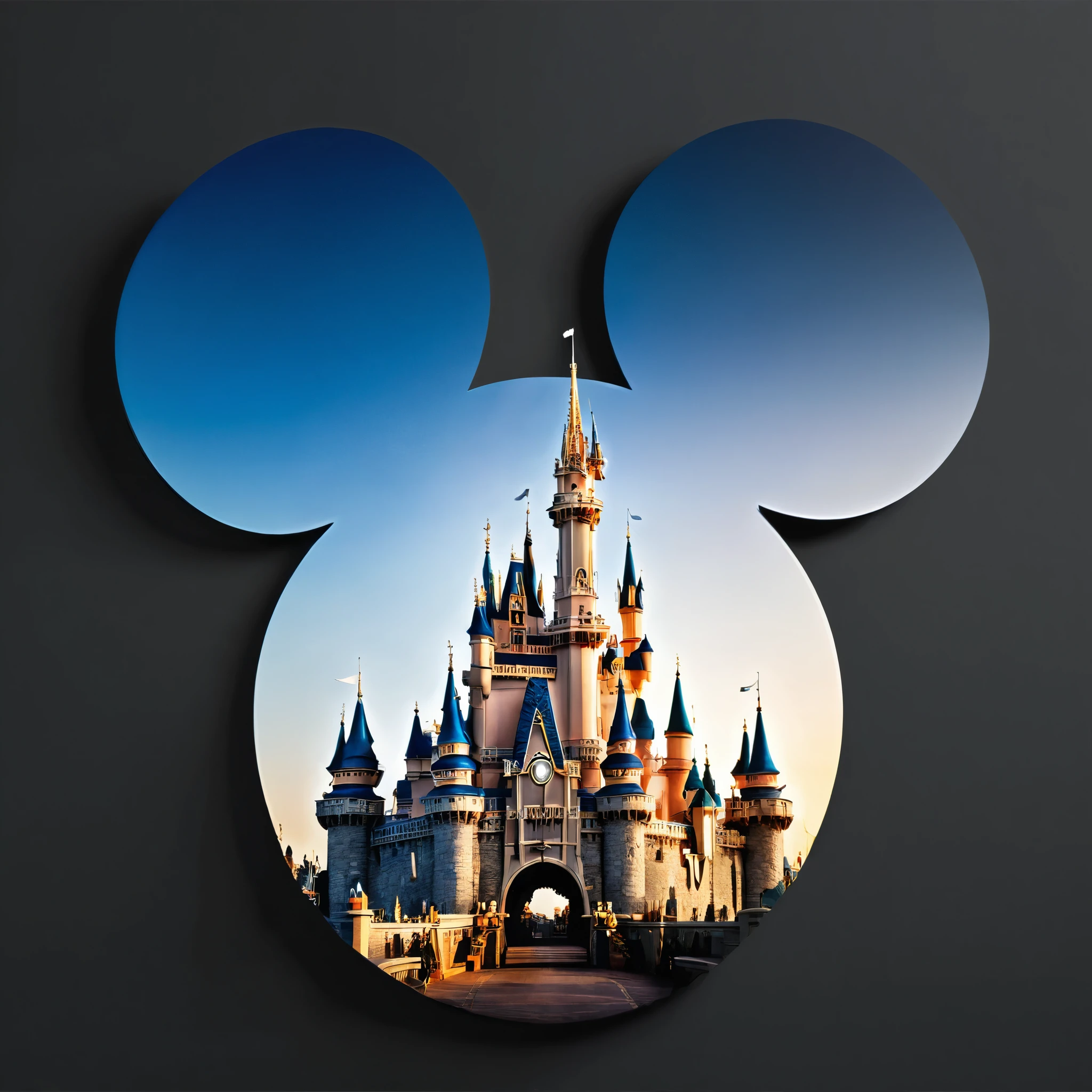 (best quality,4k,8k,highres,masterpiece:1.2),ultra-detailed,(realistic,photorealistic,photo-realistic:1.37),Mickey mouse head silhouette,blank background,double exposure,dream castle,