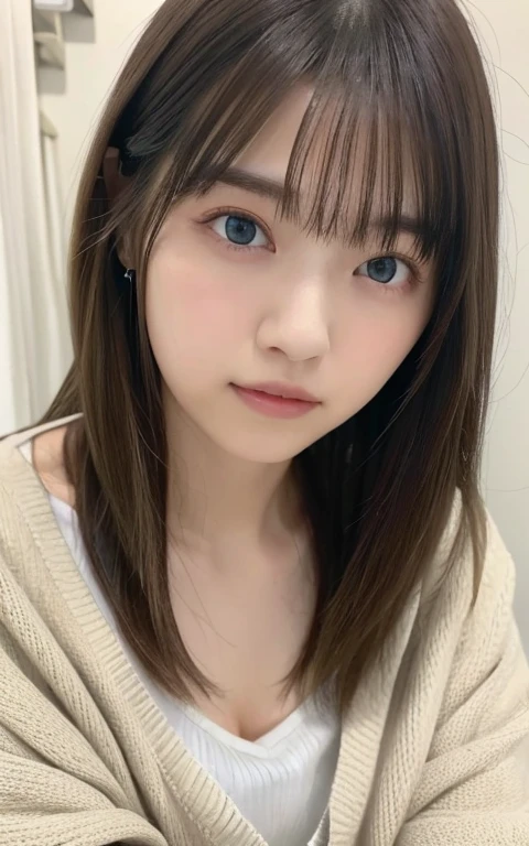 masterpiece, highest quality, 8k, 20th Generation, Large Breasts, cute, alone, sad, cute, Girlish, Delicate girl, Pure beauty, RAW Photos, Professional photography, Portraiture, Soft Light, Professional Lighting, Backlight, Head to Knee, avert your eyes, Sophisticated, Film Grain, (Eyes and facial details:1.0), Short floating hair, Beautiful, flowing hair, bangs, (Loose cardigan(Beige))、(Large Breasts:1.0)、You can see a little cleavage、Micro Mini Skirt、Voluptuous thighs、Dolly Makeup、Color Contact Lenses、One green eye、The other has blue eyes