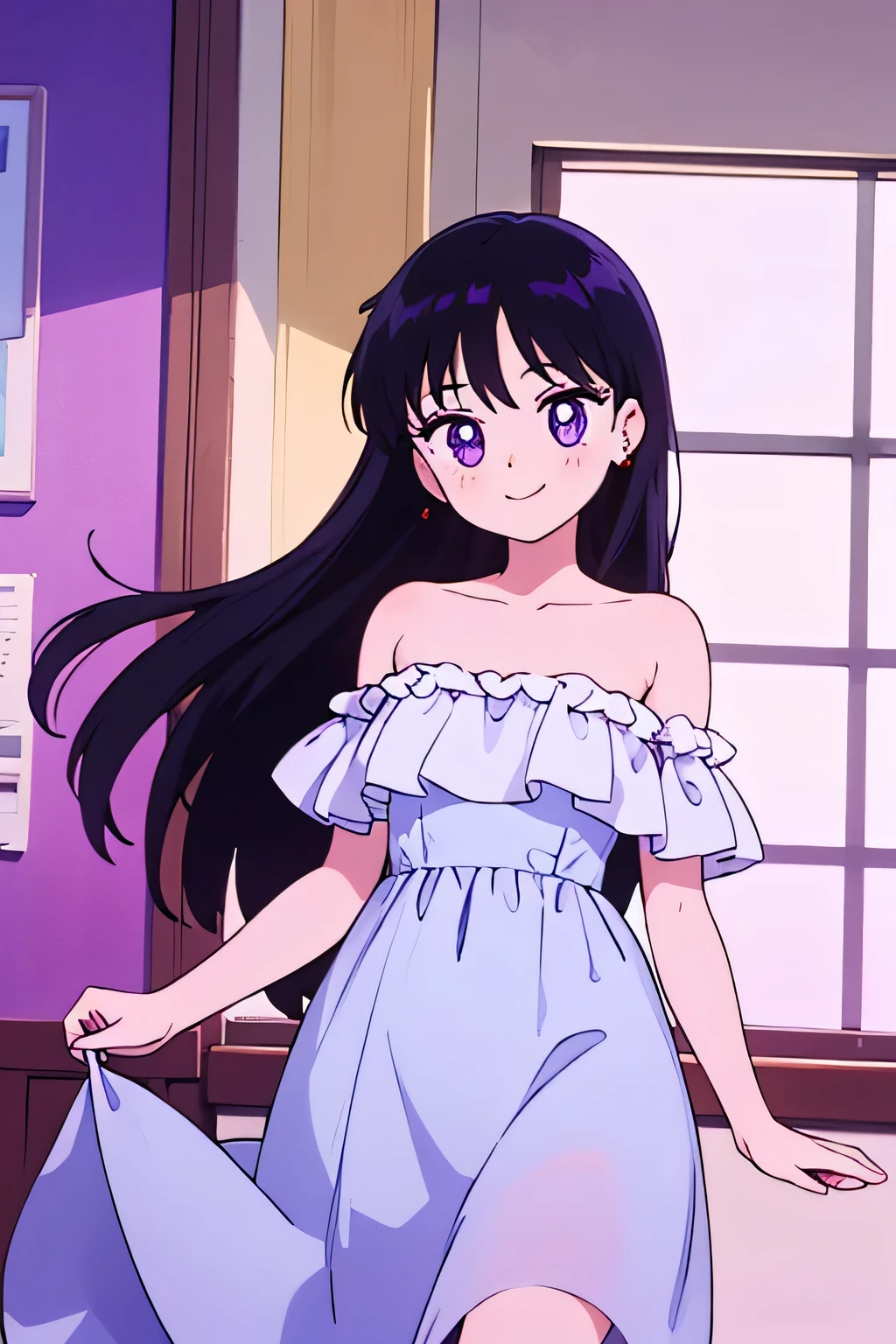 1 girl, solo, Rei Hino, Long Black Hair, Purple eyes, bare shoulders, strapless, off shoulders, white ruffle off the shoulder maxi dress, smile, ballroom, columns, cowboy shot, facing viewer, absurdres, ultra detailed, masterpiece, best quality, r, window of a purple sundown