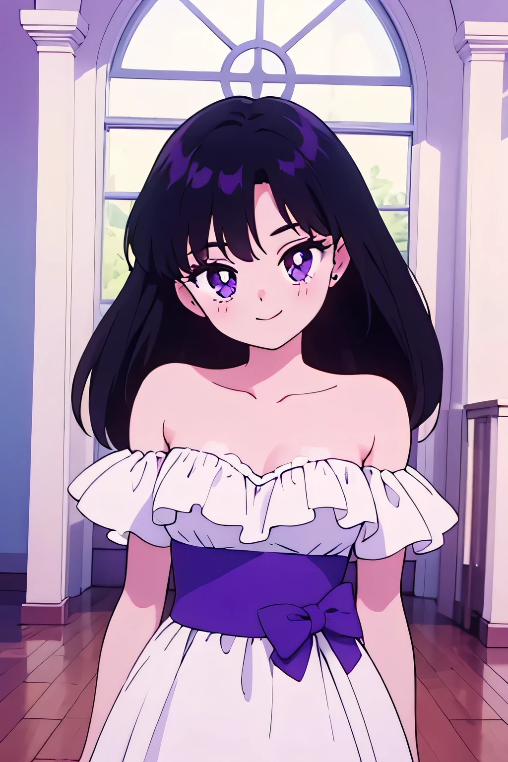 1 girl, solo, Rei Hino, Long Black Hair, Purple eyes, bare shoulders, strapless, off shoulders, white ruffle off the shoulder maxi dress, smile, ballroom, columns, cowboy shot, facing viewer, absurdres, ultra detailed, masterpiece, best quality, Teenager, window of a purple sundown