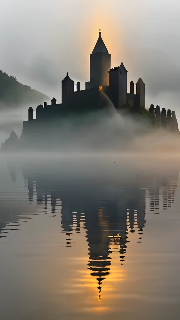 In the fog, Towering over the lake, an Ancient City stands, its majestic silhouette shrouded in mystery. The city, a relic of a forgotten era, rises from the tranquil waters, its stone walls etched with the passage of time. The fog rolls in, draping the city in a thin, ethereal veil, adding an air of intrigue to its already mystical presence. The hazy landscape is a study in contrasts: the stillness of the lake mirrored against the towering, ancient structures, a reminder of the power and beauty that lies in the embrace of the unknown.
