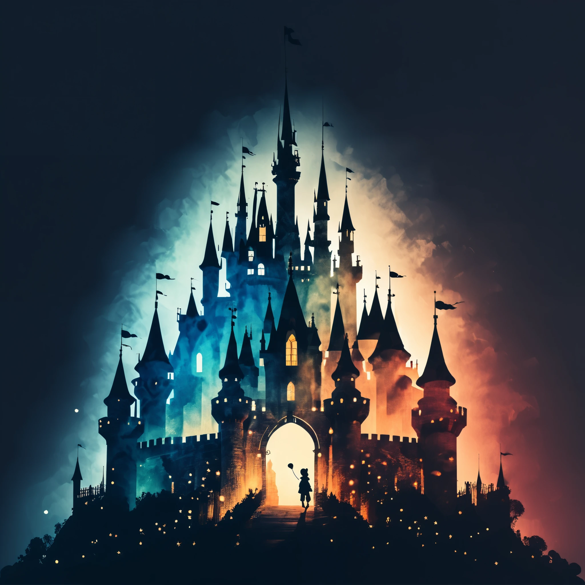 Mickey's silhouette, blank background, double exposure,dream castle