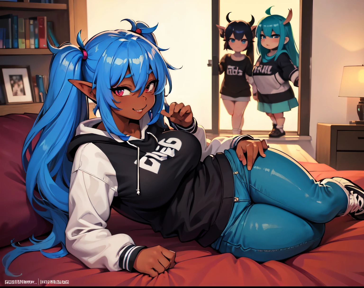 goblin girl, blue hair, very long hair, dark_ skin, dark skin goblin, wide body, very dark skin girl, busty, hair between eyes, twintails, chubby, chubby girl, chubby girl goblin, wide hips, blue eyes, mole, mole on chest, age up, lips, big lips, thick eyebrows, body with fur, tusk, short girl, short goblin girl twintails, short girl, highly detailed, high quality, best quality, 8k, full body, fat, fat girl, fat goblin, smile, casual clothes, pants, sneakers, neckline, waving, lying down, sexy girl, Hoodie