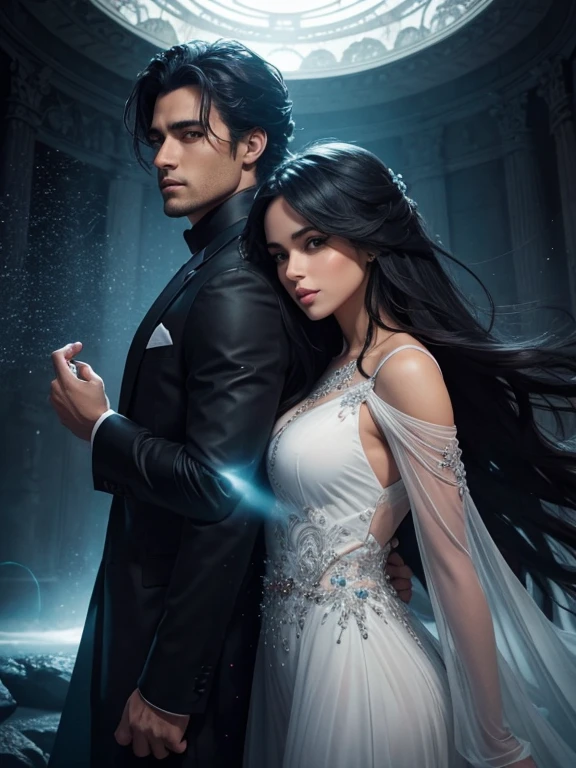 Cover of a romantic thriller with the face of a beautiful woman, cabello negro, ojos oscurosjunto a un hombre guapo, rubio, ojos azules, ambos misteriosos, como personajes principales; y al fondo una modelo talla extragrande modelando hermosos vestidos en una pasarela, efecto niebla, sin fondo, impactante, algo que ni siquiera existe, be mythical, energy, molecular, texturas, luminiscentes, Belleza impresionante, Pure perfection, presencia divina, inolvidable, belleza impresionante, Volumetric light, aura, rayos, colores vivos.