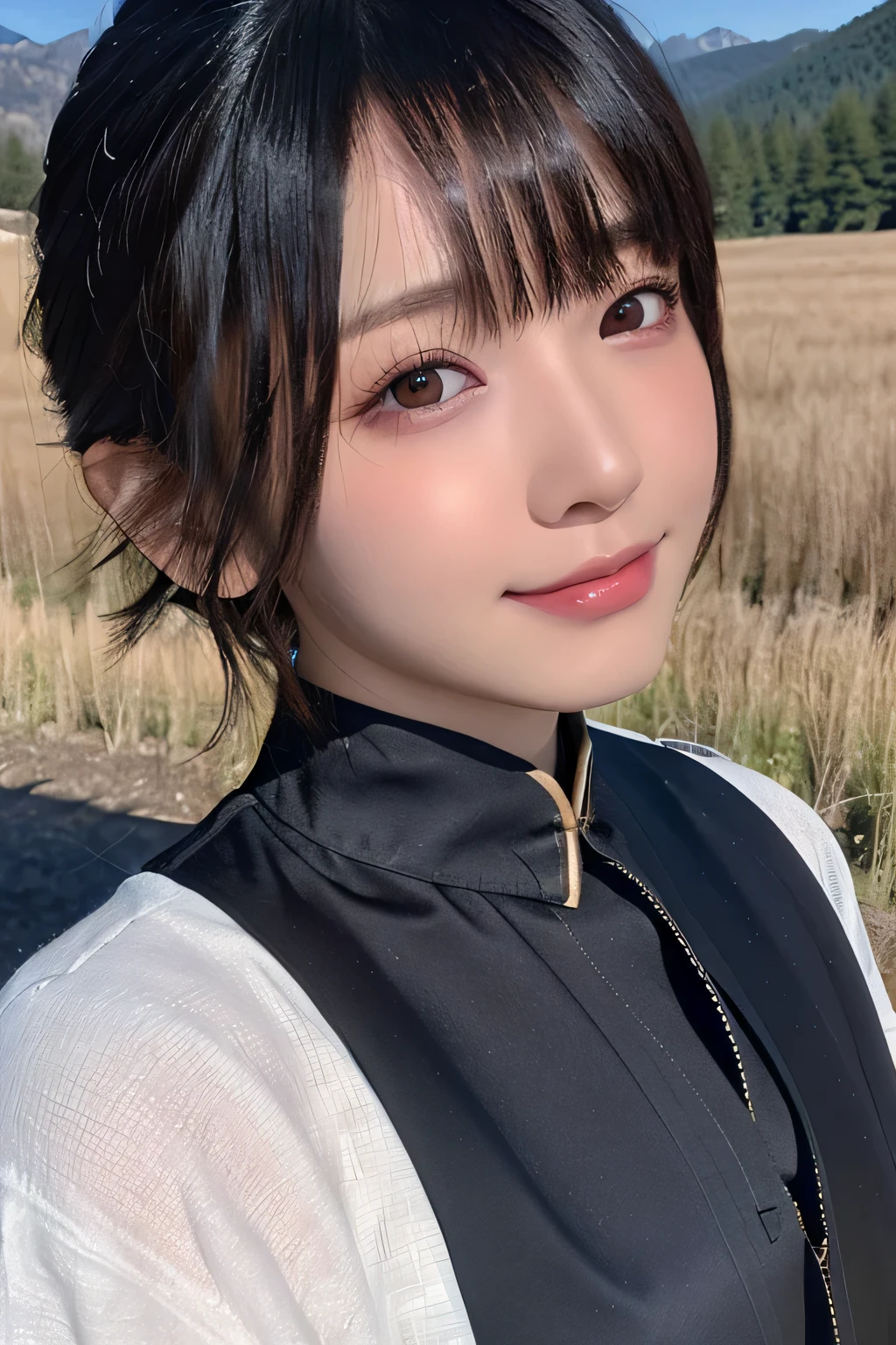 highest quality、masterpiece、超A high resolution、(Realistic:1.4)、(Real skin texture:1.3)、(Film Grain:1.3)、Panorama、Portraiture、very wide angle lens、close、Tyndall effect、Beautiful eye and skin details、A small smile、short hair、 Black Hair、Eye color: black、Mountain Background、National costume、Girl