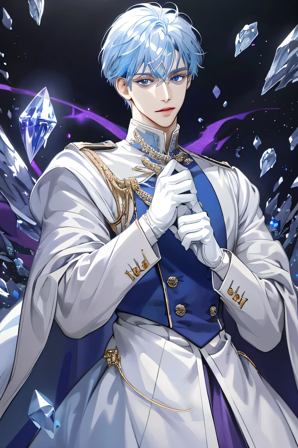 Prince, Young Man, male, 1boy, mature male, manly, blue blood, crystal, gemstone, shine, shiny crystal, depicting delicate eyes, opal eyes, depicting delicate facial features, white uniform, white gloves, gothic style, ribbon, dark blue hair, extreme detail, delicate depiction, light blue eyes, all colors except purple are low saturation, Only purple is the most conspicuous, royal, elegant, noble, royal dress