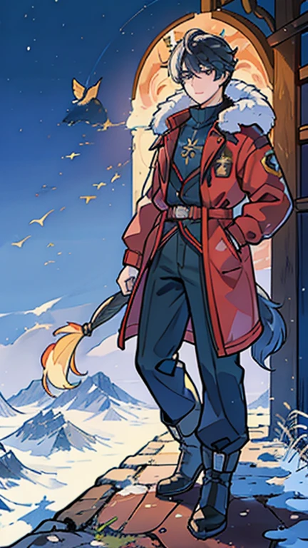 Handsome and strong tall black-haired dreamer engineer working in a high-ranking department dressed in snow jacket, warm pants and snow boots playing with a chimera puppy made of flame body, triceratops steering wheel,seal tail, monarch butterfly wings, wolf ears and capybara fur pattern