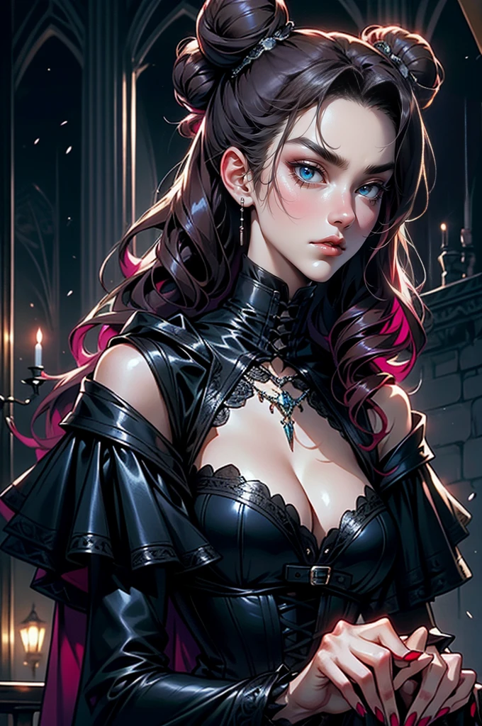 (masterpiece, top quality, best quality, official art, beautiful and aesthetic: 1.2), (1 woman: 1.3), long curly dark brown hair, ((fancy bun)), Victorian style, Victorian classic, extremely detailed, portrait, looking at the viewer, solo, (full body: 0.6), detailed background, close-up, mischievous eyes, (cold midnight castle theme: 1.1), vampire, long fangs, blood on chin, huge lips, charlatan, mischievous smile, mysterious, being seductive on the balcony, revealing gothic dress, extremely tight bodice, black costume, magenta skirts, off-the-shoulder, long sleeves, loose sleeves, black leather , cape, corset, black dress, fishnets, black high boots, buckles, straps, bags, glowing blood magic energy, dark magenta fabric, silver trim, black leather, extremely slim, slim waist, slim hips, medieval background (gothic castle exterior: 1.1), nocturnal, dark and mysterious lighting, shadows, magical atmosphere, Dancing lightly. backwadrs, Looking back. Very sexy, with chin resting on shoulder, abigail larson art style, perfect fingers