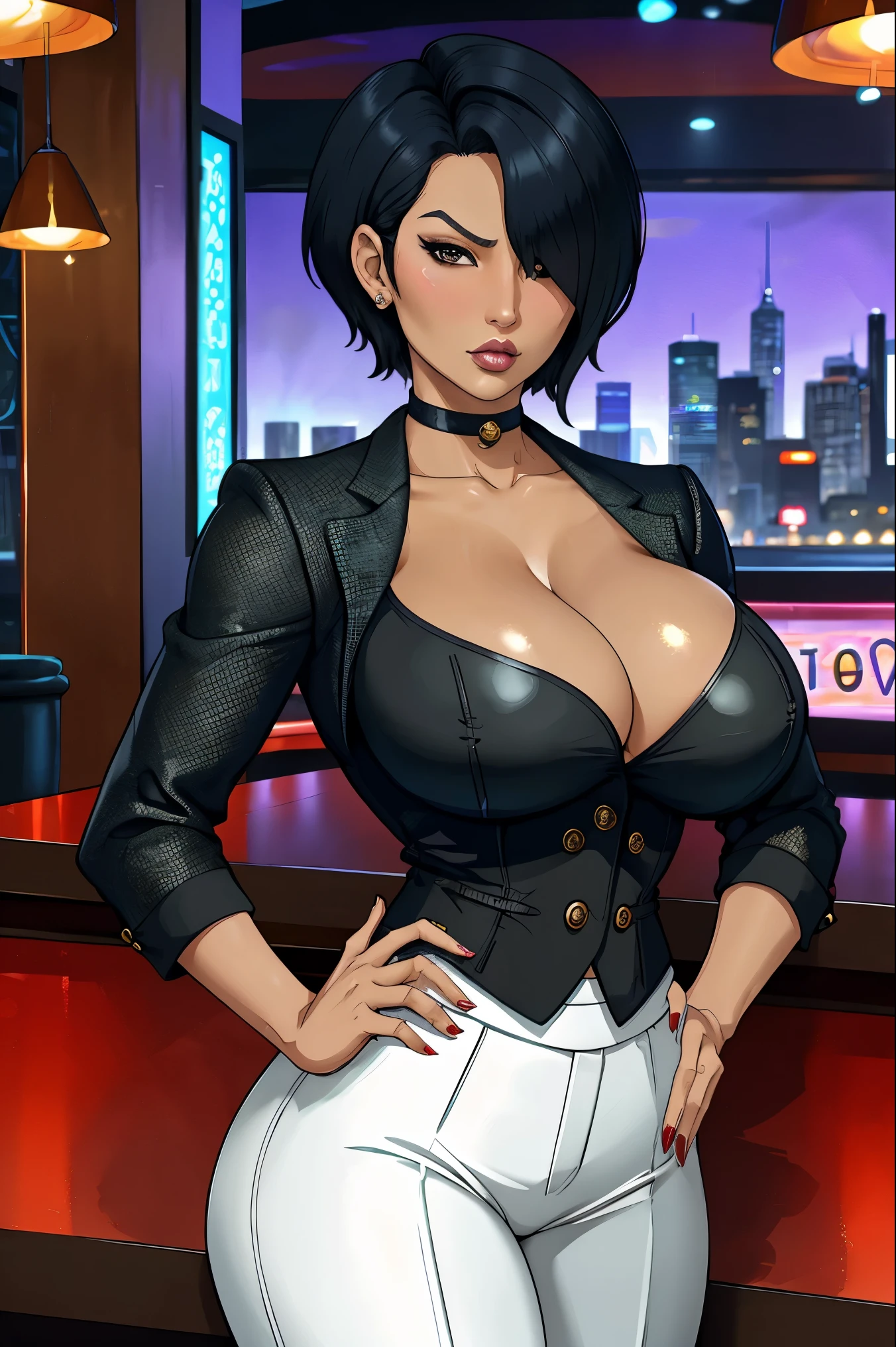 kiko, short hair, hair over one eye, asian, tanned skin, tanned, 35yo, mature woman, milf, serious, mad, dangerous, white female suit, cleavage, big breasts, suit pants, standing, serving drinks in a bar top of a casino, shiny design, cristal design, diamond pattern, elegant waitress