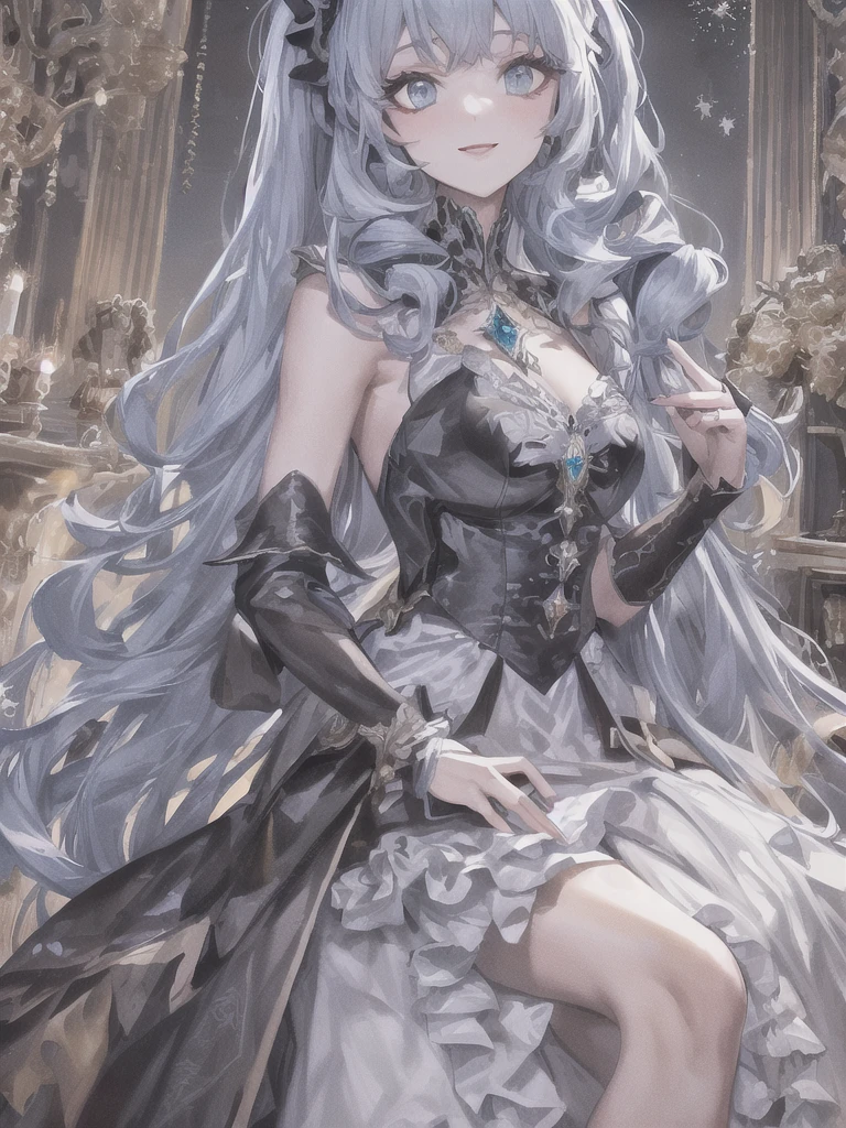 Dramatic composition, court-style dresses, royal, gorgeous, cascading frills, ruffles, bows, crystal chandeliers, Roman curly hairstyles, ponet, double ponytails like drills, look at the camera, bangs, maximalism, palatial background, delicate portrayal of hair and eyes, princess dresses, gorgeous skirts, flowers in hand, smiles, starry eyes, cinematic light, extreme detail, high definition, happy girl, very long hair, diamonds, broken diamonds, crystal fragments, light particles